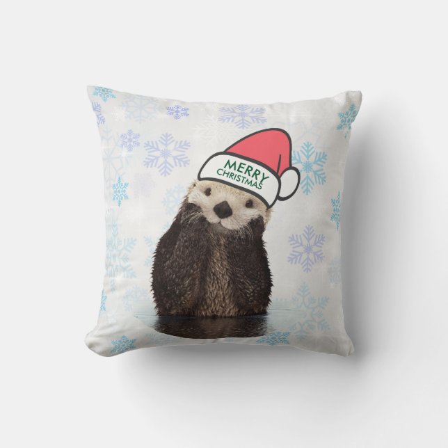 Coussin Mignonne Otter portant un chapeau de Père Noël Joy (Recto)