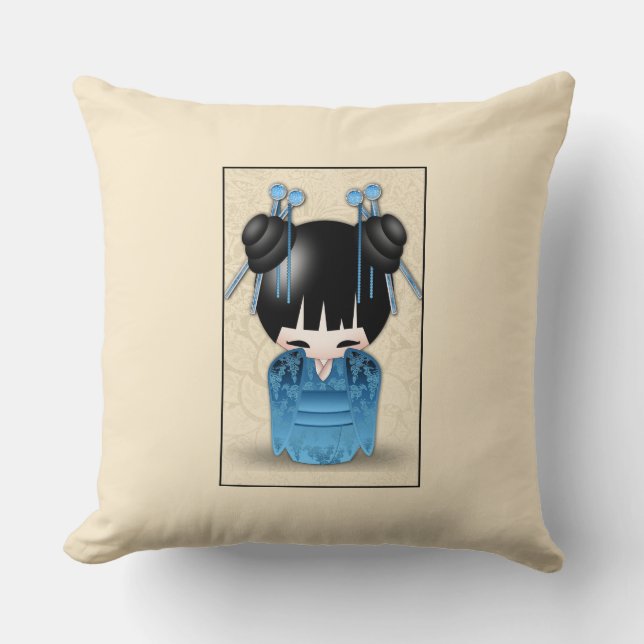 Coussin Mignonne Poupée Japonaise Kokeshi Habillée En Bleu (Recto)