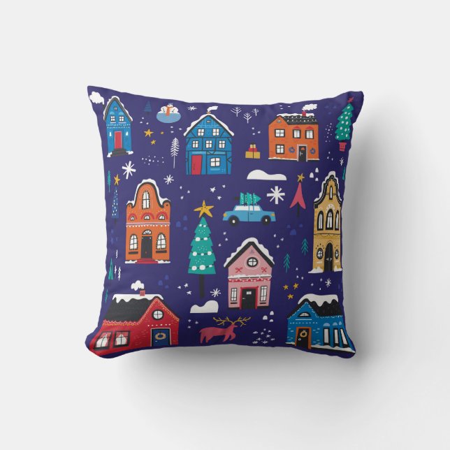 Coussin Mignonnes maisons de Noël plats illustrations vint (Recto)