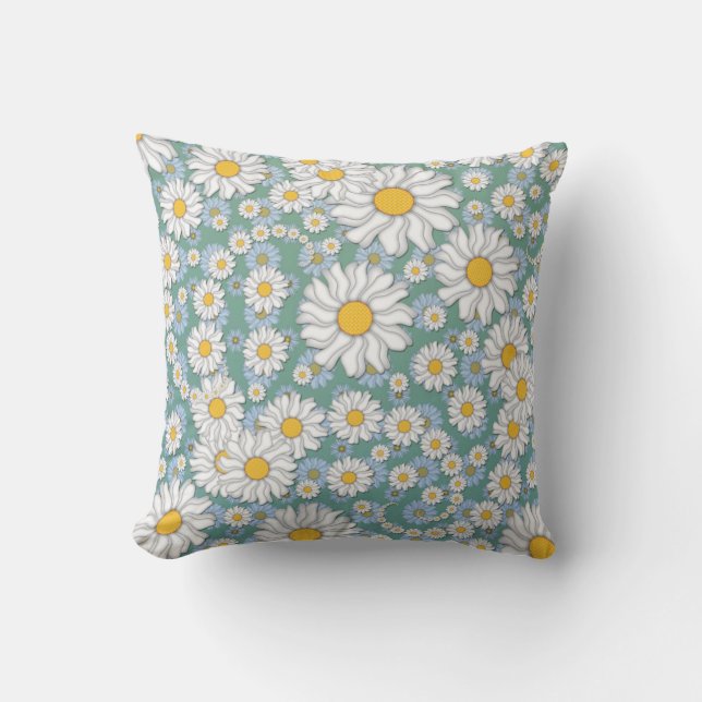 Coussin Mignonnes marguerites blanches sur Dusty Turquoise (Recto)