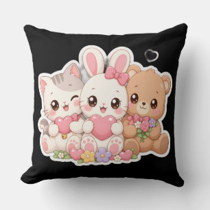 Coussin Mignons amis animaux Kawaii Cœurs Fleurs Pastel T