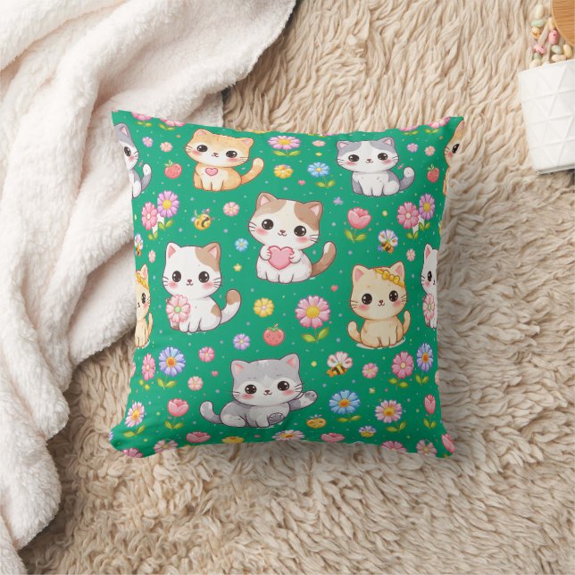 Coussin Mignons chatons Kawaii et fleurs pastel (Couverture)