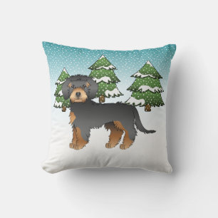 Coussin Mini Goldendoodle noir et fauve - Forêt hivernale