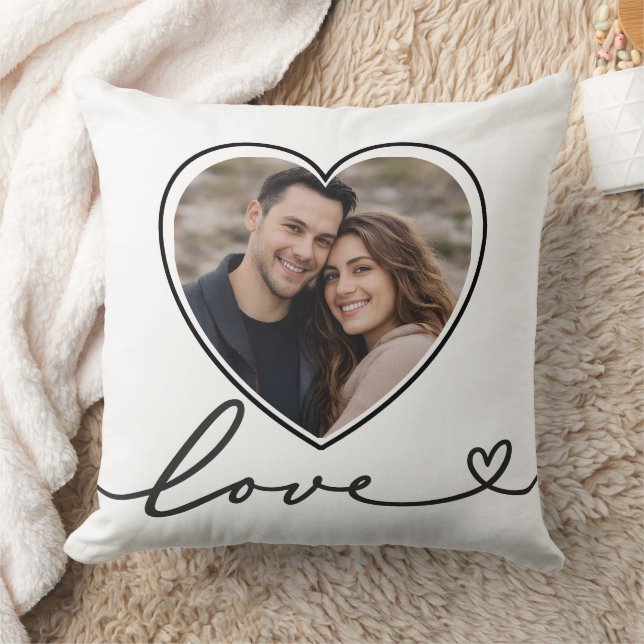 Coussin Minimalist Heart Photo Pillow With Love Script (Couverture)