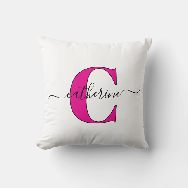 Coussin Minimalist White Pink Monogram Name Stylish Script (Recto)