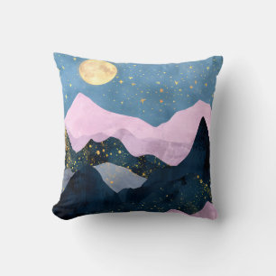 Coussin Minimaliste Lune Étoiles Montagne Vallée Céleste