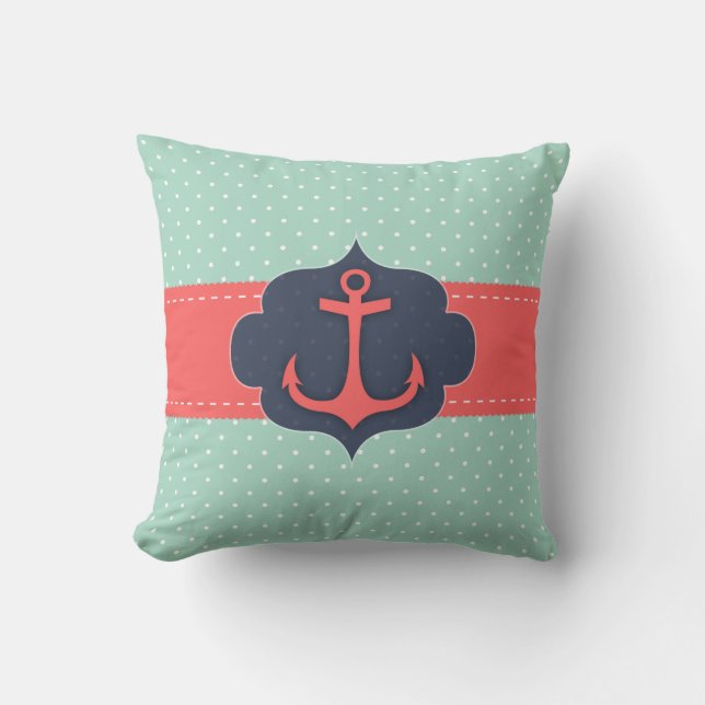 Coussin Mint Green Polka Dot Coral Rose Ancre (Recto)