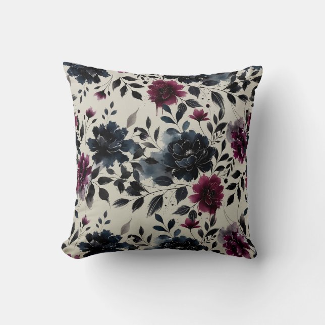 Coussin Minuit Bleu Bourgogne Inky Floral Almond Beige (Recto)
