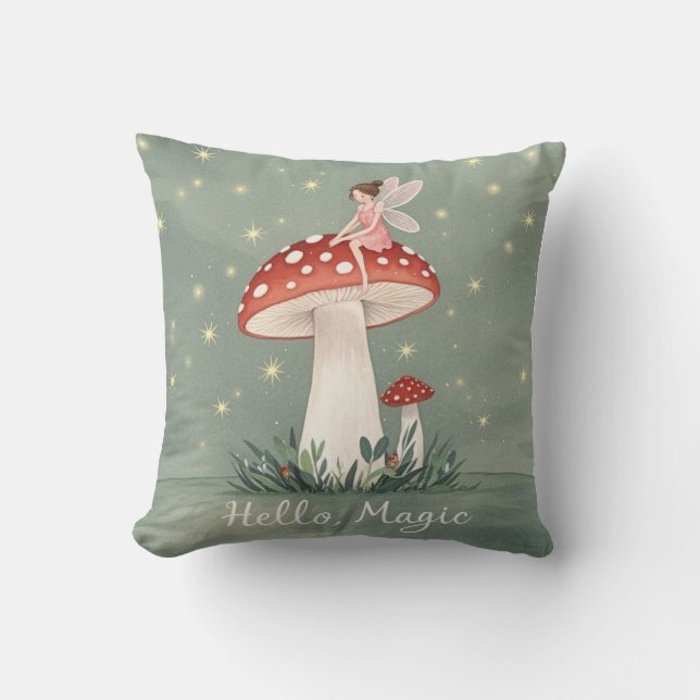 Coussin Minuscule fée perchée sur un champignon et brillan (Recto)