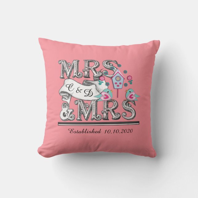 Coussin Mme et Mme Cadeau de Mariage lesbien personnalisé (Recto)