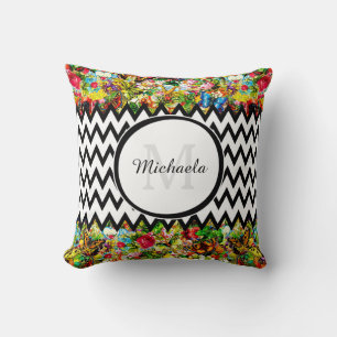 Coussin Mod Black Chevron Vintage Floral Monogramme et nom