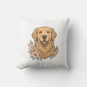 Coussin Modèle de gravure vintage floral Golden Retriever_
