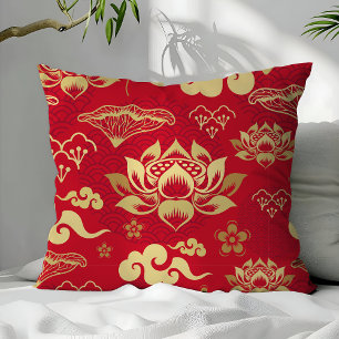 Coussin Modèle de lotus rouge or asiatique chinois