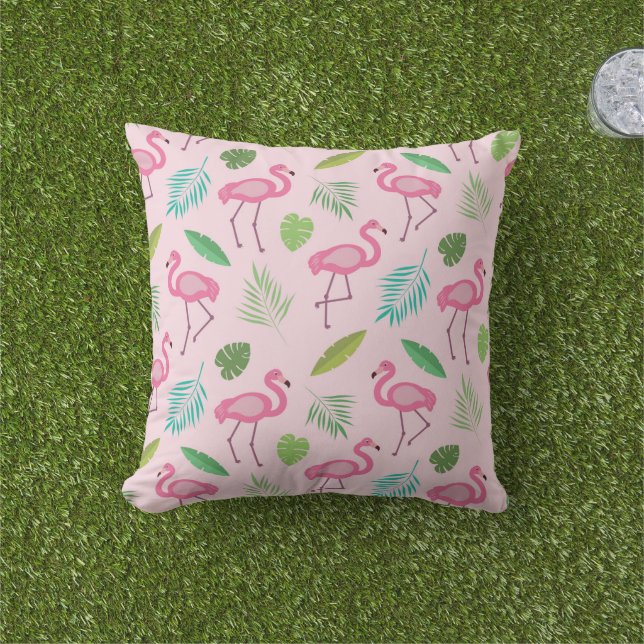 Coussin Modèle flamand rose avec feuilles tropicaux (Herbe)