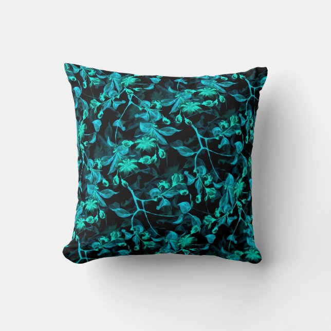 Coussin Modèle floral élégant noir & turquoise (Recto)