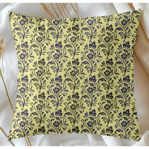 Coussin Modèle Floral Moderne Bleu Noir Sur Chartreuse