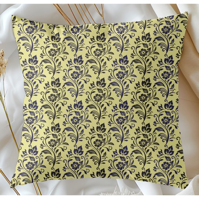 Coussin Modèle Floral Moderne Bleu Noir Sur Chartreuse (Créateur téléchargé)
