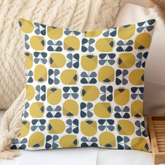 Coussin Modèle Floral Rétro Marine, Gris, Jaune de moutard