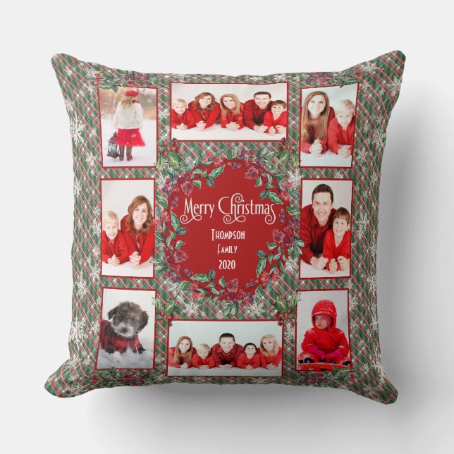 Coussin Modèle photo de famille Noël Rouge + Vert Plaid (Recto)