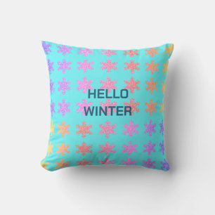 Coussin Modèles de flocons de neige Bonjour l'hiver Typogr