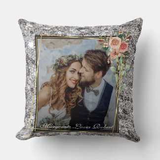 Coussin Modern Chic Wedding Love Couple Silver Glitter