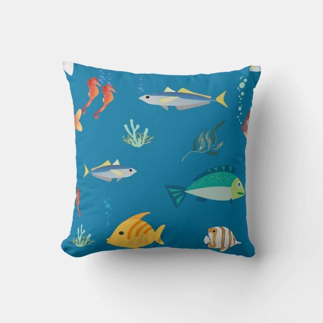 Coussin Modern Fish and Seahorse illustrated Pattern Blue (Recto)