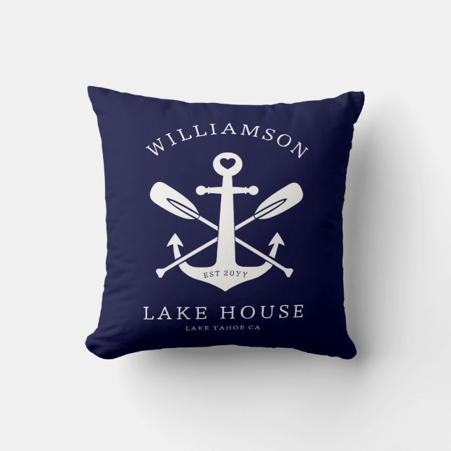Coussin Modern Lake House Nom de famille Marine bleue (Recto)