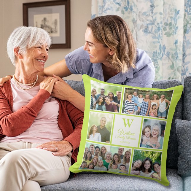 Coussin Modern Lime Green Family Reunion Monogram Photo  (Créateur téléchargé)