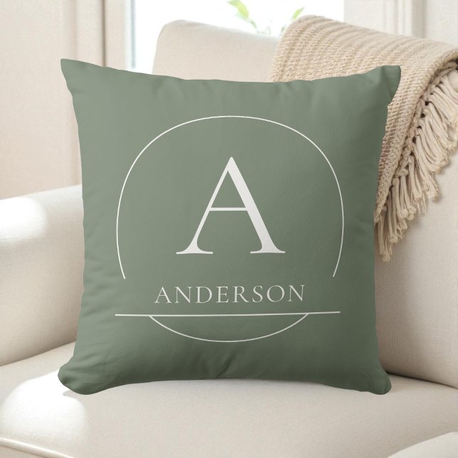 Coussin Modern Sage Green Simple Family Name Monogram (Modern Sage Green Simple Family Name Monogram Throw Pillow)