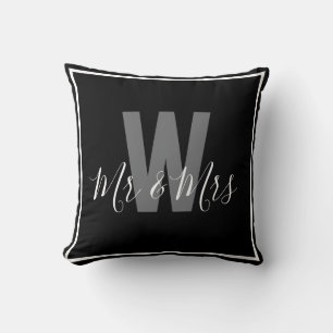 Coussin Moderne Bordure Monogramme Noir Blanc Monsieur Mad