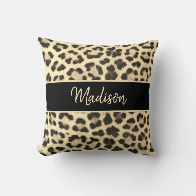 Coussin Moderne Chic Empreinte de léopard Beige Noir Perso (Recto)