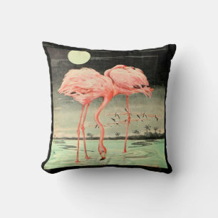 Coussin Moderne Cute Vintage Rose Bird Flamant rose et Lun