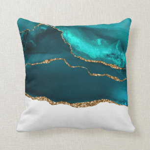 Coussin Moderne Design Turquoise & Or Agate sur blanc