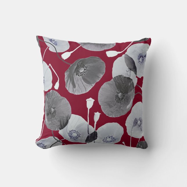 Coussin Moderne Elégant Gris Fleurs de Pavot Bourgogne (Recto)