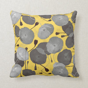Coussin Moderne Elégant Gris Fleurs de Pavot moutarde Jaun