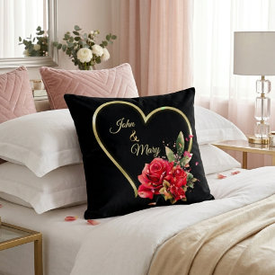 Coussin Moderne Élégant Or Cœur Et Roses Noir