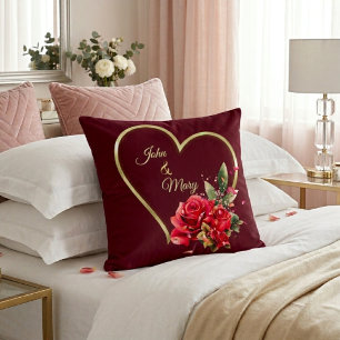 Coussin Moderne Élégant Or Cœur Et Roses Rouge