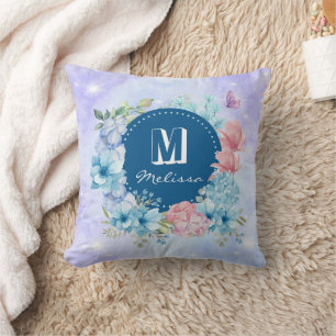 Coussin Moderne Florale Aquarelle Violet Bleu Étincelant 