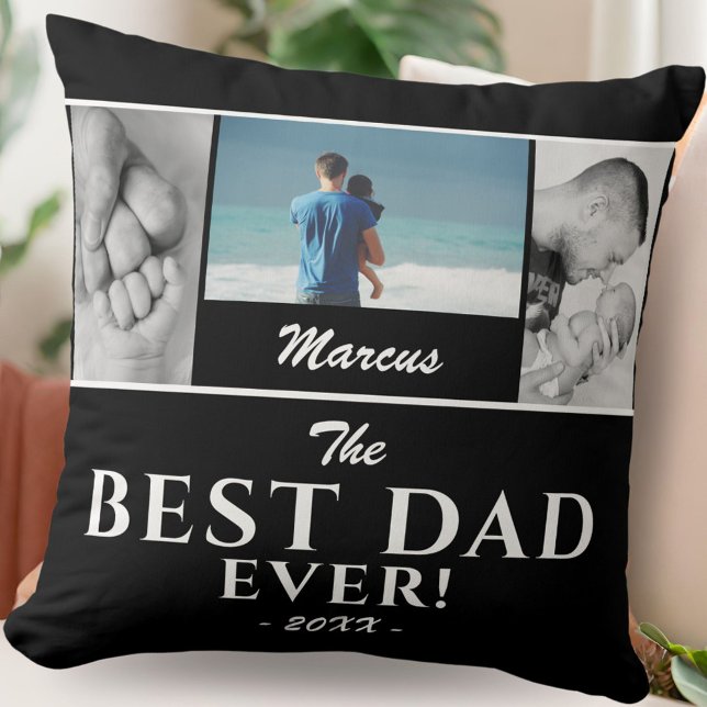 Coussin Moderne Meilleur Papa Noir Fête du Père 3 Photo Co (Créateur téléchargé)