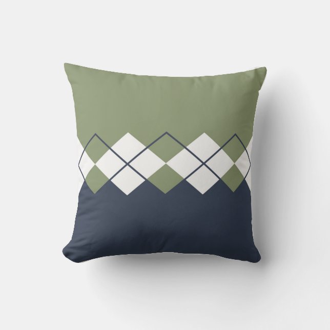 Coussin Moderne, motif diamant, vert olive, bleu marine (Recto)