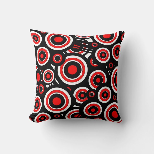 Coussin moderne noir, blanc & rouge avec cercles (Recto)