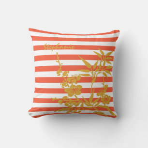 Coussin Moderne Orange Stripes Or Coloré Floral et Nom