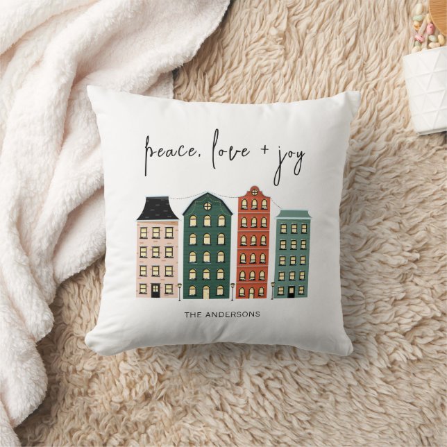 Coussin Moderne Paix Amour & Joie Noël Ville Vacances (Couverture)