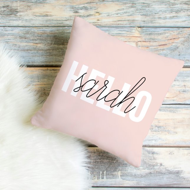 Coussin Moderne Pastel Rose Bonjour Et Vous Nom (Créateur téléchargé)