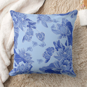 Coussin Moderne Rétro Bleu Chinoiserie Chic Lotus Mandala