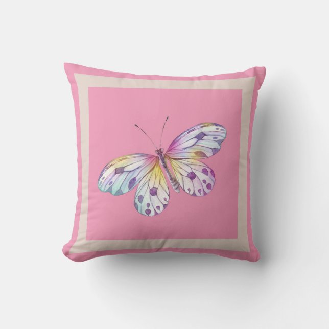 Coussin Moderne rougissent le papillon rose d'aquarelle de (Recto)