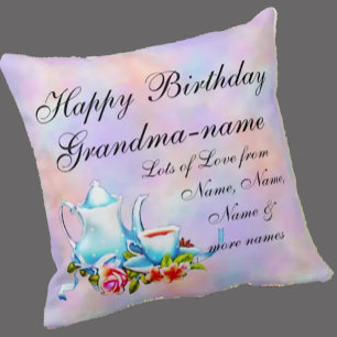 Coussin Modifier le nom de grand-mère Texte théière Floral