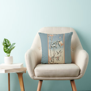 Coussin Moineaux et Camélia dans la Neige d'Art Vintage