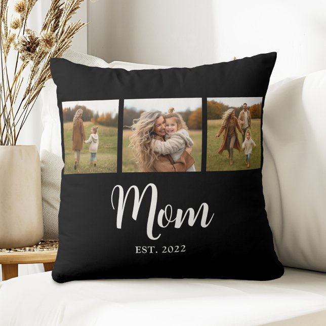 Coussin Mom Established Modern Simple Script Black 3 Photo (Established Mom 3 photo white script text cushion)