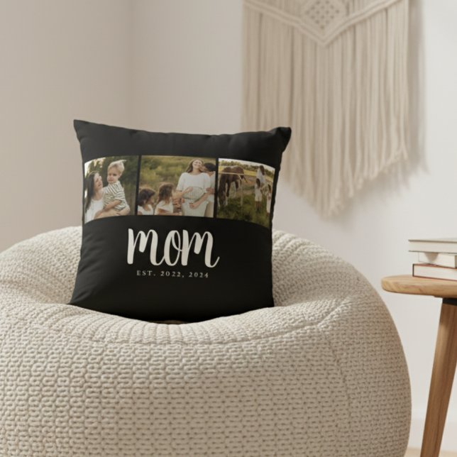 Coussin Mom Established Script Black 3 Photo (modern 3 photo black and white script mom established pillow gift for mom mother's day christmas)